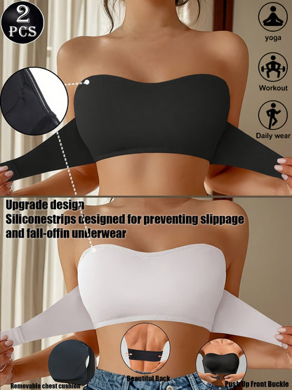 2pcs Strapless Bandeau Bras Tube Top Front Closure Wireless Bra Summer Traceless Bras Solid Seamless Bra Sexy Comfy Push Up Bra Women's Smoothing Backless Tube Top Lingerie Woman Underwear Bralette Brad