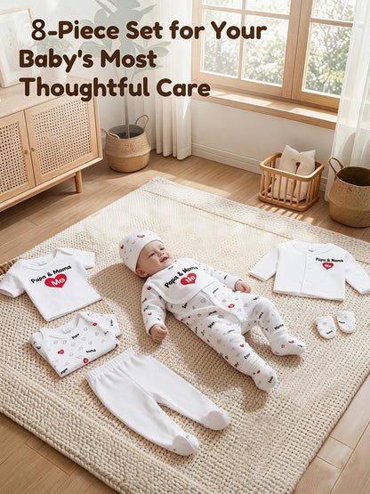 This 8pcs Soft Spring And Summer Set Is Suitable For Boys' And Girls' Clothing And Accessories With Heart Letters And Floral Patterns, Including Trousers, Hats, Bibs, Socks, Pants, Jackets And Tops, And Is Ideal For Outdoor Home Wear