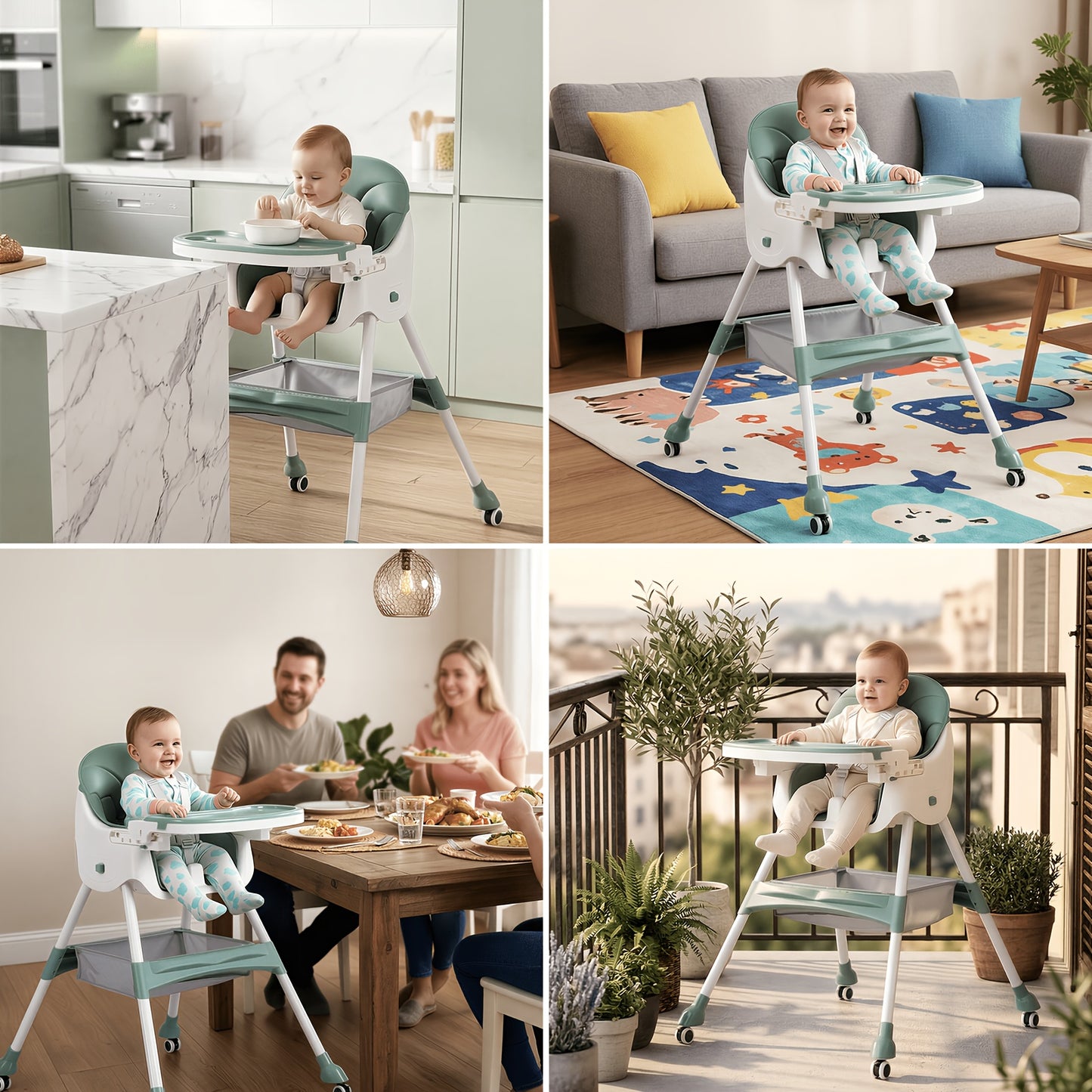 6-in-1 Foldable Baby High Chair with Adjustable Height, 3-Position Trays & Adjustable Foot Rest - Detachable PU Cushion, 5-Point Harness, High Chairs for Babies And Toddlers, Detachable Harness, Toddler Seating, Spacesaving Furniture