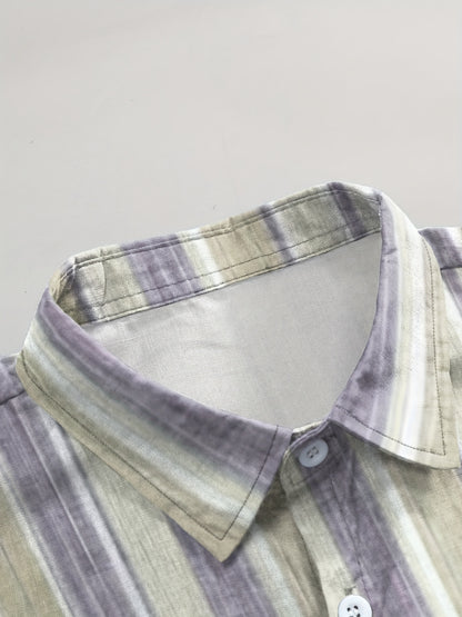 1pc Men'S Casual Striped Short Sleeve Shirt - Polyester 95%, Spandex 5% Blend, Summer Lapel Collar, Woven Fabric, Regular Fit with Button Details, Plus Size