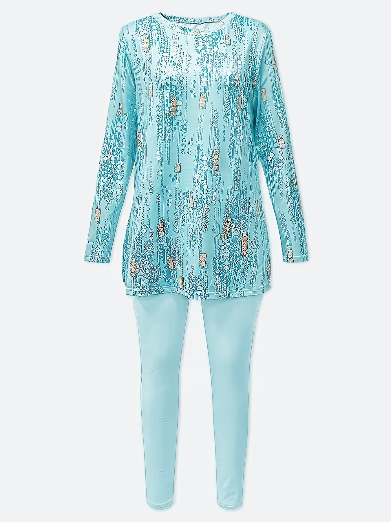 SINHOON Ladies' Attire Stylish Two-Piece Suit - Round Neck Long Sleeve Blouse with Side Slit And Printed Trousers - Ideal for Autumn And Winter Wear