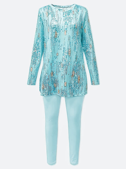 SINHOON Ladies' Attire Stylish Two-Piece Suit - Round Neck Long Sleeve Blouse with Side Slit And Printed Trousers - Ideal for Autumn And Winter Wear