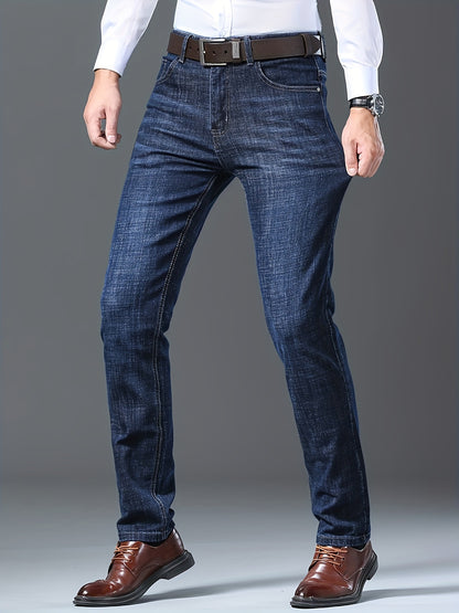 Four Seasons New High-Quality Men's Jeans High Elasticity China Style Business Straight-Leg Stretch Formal Long Pants No Belt