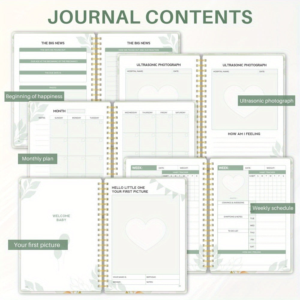 Pregnancy Journal and Memory Book - 96 Sheets - Floral bunny cover with stickers and sonogram photo insert