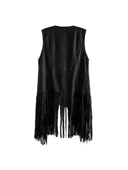 Women' Faux Suede Fringe Vest with Tassels - Western Cowgirl Jacket, Soft Flip-Collar Sleeveless Waistcoat Coat for All-Season Wear, Casual Outfits & Themed Events (Medieval Renaissance Fair) - Solid Color Plain Matching Outerwear