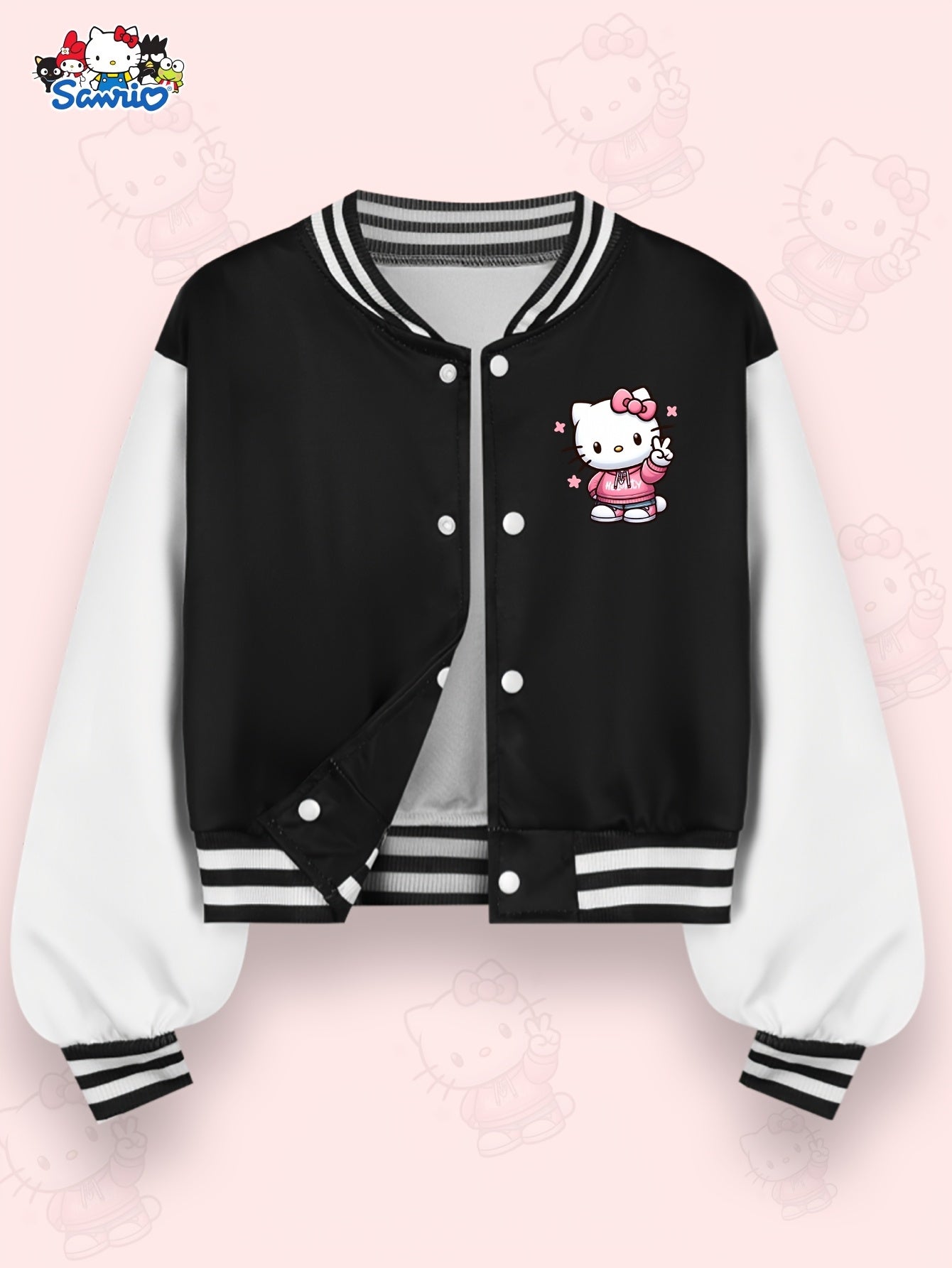 Sanrio Hello Kitty Girls' Cute Kawaii Jacket - Double-Sided Hello Kitty Print Varsity Coat with Button Closure, Warm Winter Outerwear Suitable for, Playdates & Themed Parties (Iconic KT Character)