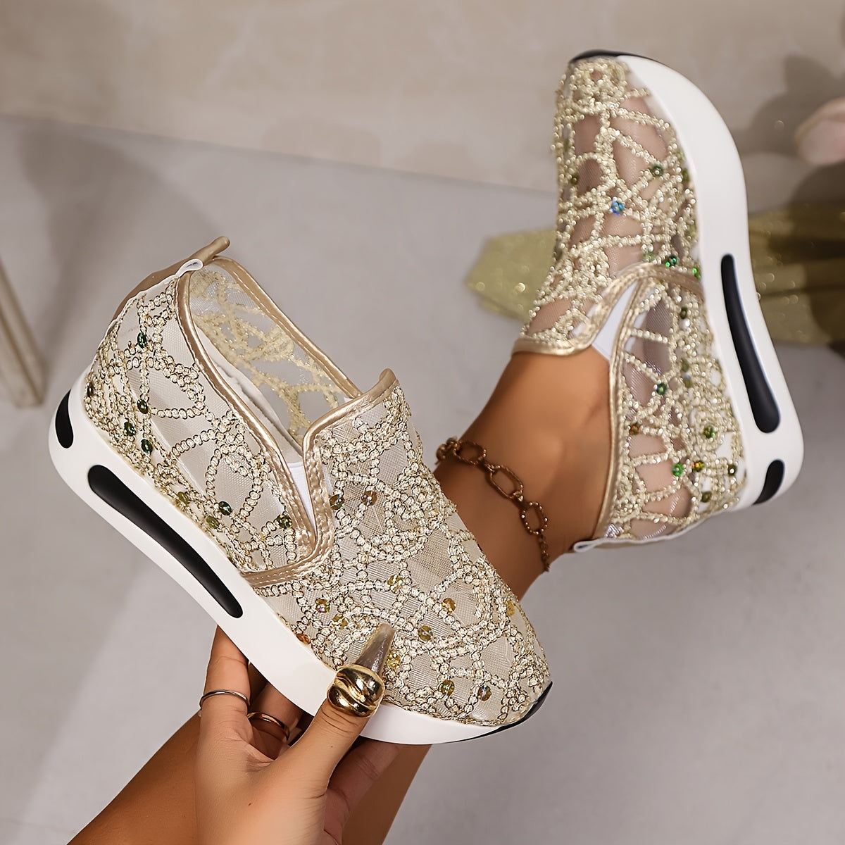 Women's High Rise Sequin Casual Sports Shoes, Women Shoes, Sneakers