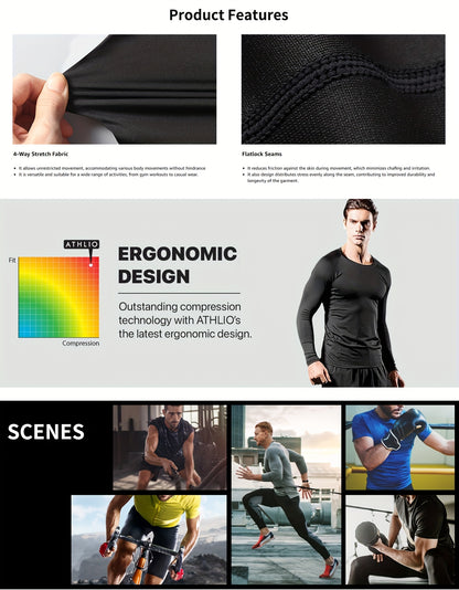 2 Build Men'S Pressure Training Suit-tights, Tights, Suitable For Running And Exercise-basketball Fitness-sports Compression Long-sleeved T-shirt +High Elastic Fast-drying Tights Fitness Kit, Sportswear, Suitable For Spring, Summer