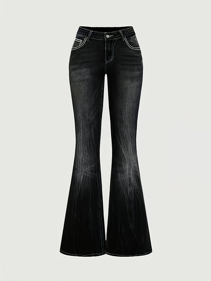 Women'S Vintage Stretch Flare Jeans - Cross Embroidery & Belt Loop Detailing, Slim Fit Elegant Denim for All-Season Wear