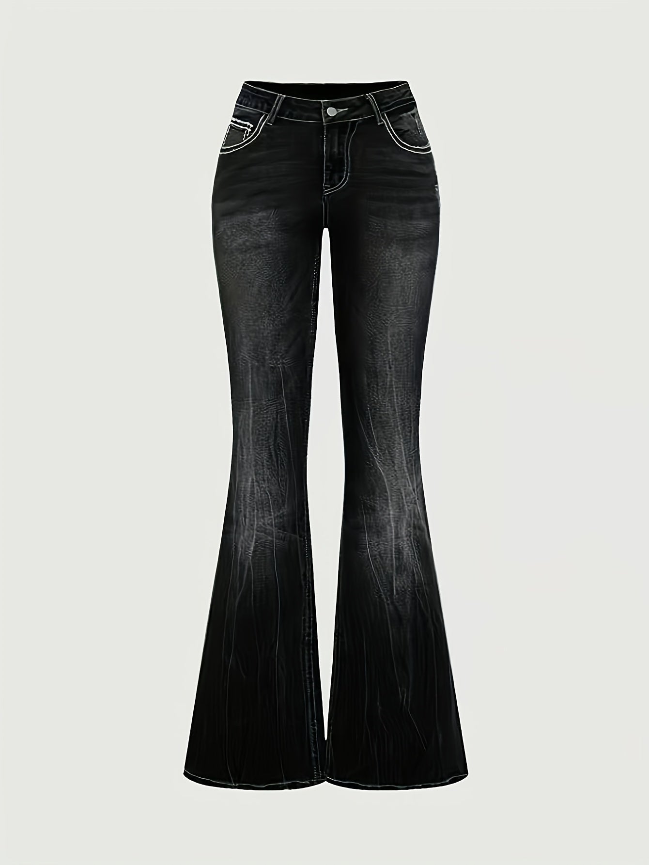 Women'S Vintage Stretch Flare Jeans - Cross Embroidery & Belt Loop Detailing, Slim Fit Elegant Denim for All-Season Wear