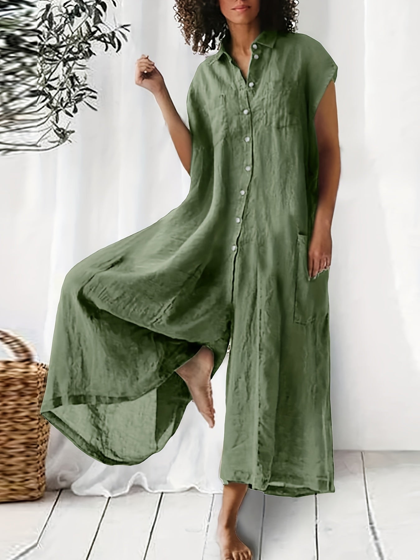 Women's Green V-Neck Pleated Jumpsuit - product view 7