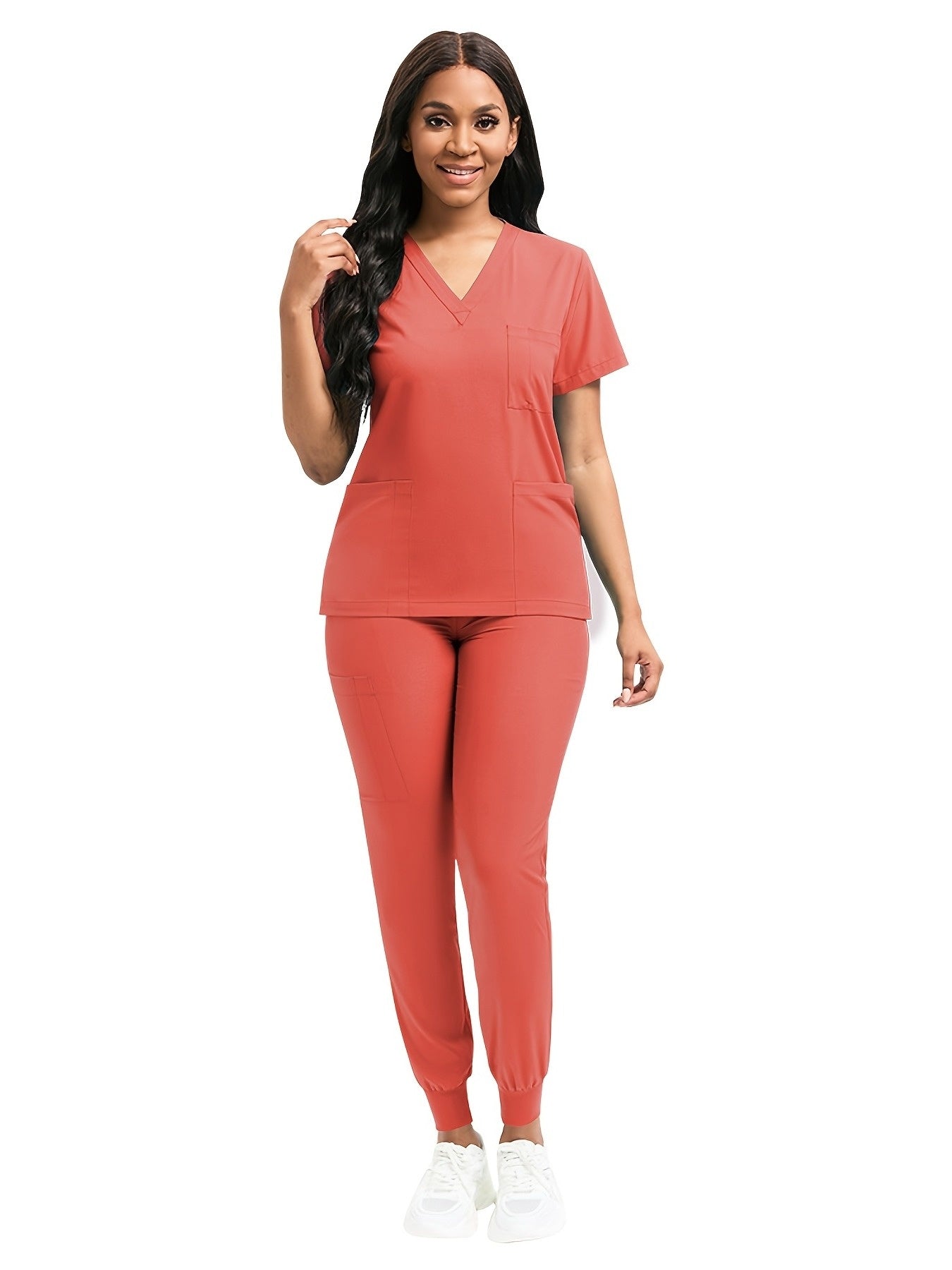 [Scrub Suit Set] Scrub Suit Set For Women Modern V-Neck Top T-Shirt & Tapered Leg Jogger Pants With Drawstring 2pcs Set Nursing Uniforms Set Suitable For Pet Hospitals, Dental Clinics, Nursing Work, Etc