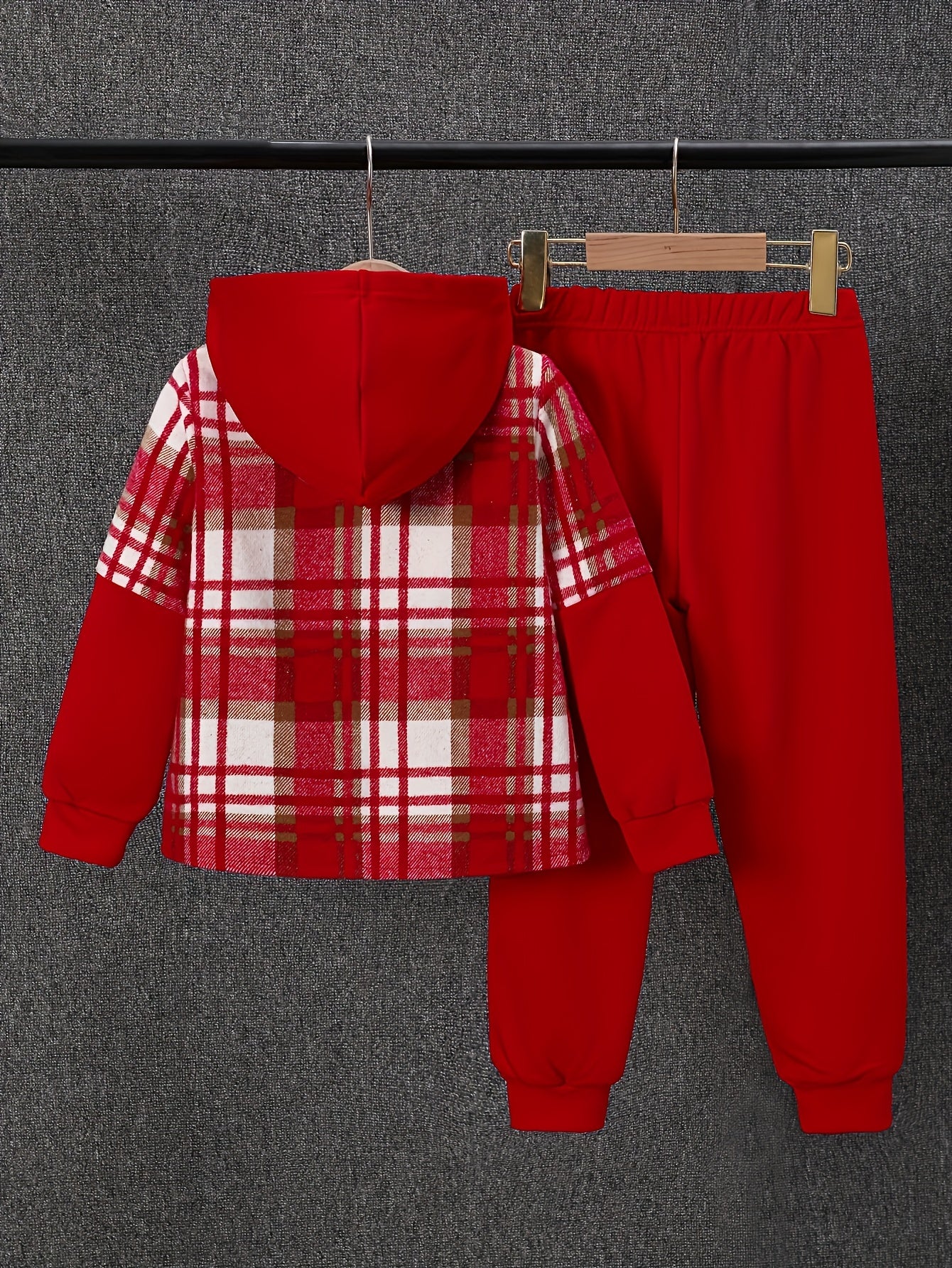 2pcs, Autumn And Winter New Boys' Long-Sleeve Plaid Cardigan Suit Boys' Puff Hooded Jacket Boys' Fashion Work Pants, for Outdoor