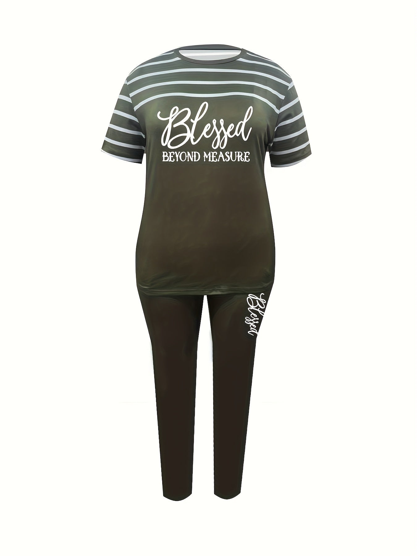 Plus Size, Ladies Plus Size 2pcs Suit, Letter Printing with Blessing, Pinstripe Coat, Trousers with Pockets, Ladies' Daily Casual Fashion Suit.