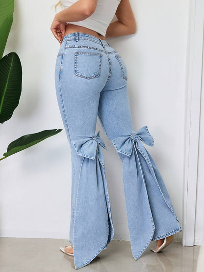 These Mid-Rise Flared Jeans for Women Feature Large Bow Ribbon Accents, Are Slim-Fitting with a Bit of Stretch, And Are Perfect for Any Season And a Variety of Events