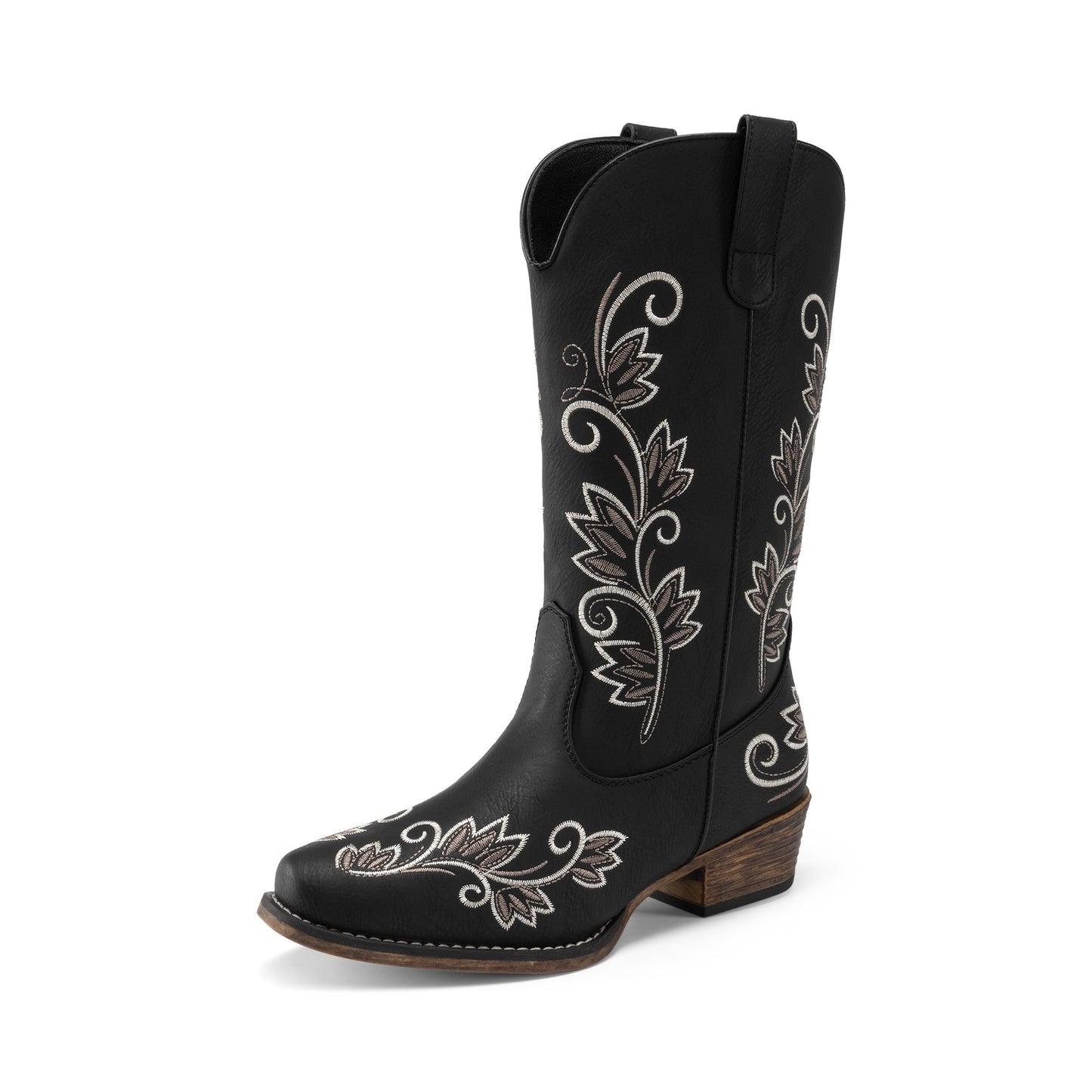 DREAM PAIRS Women's Cowboy Cowgirl Western Mid Calf Boots Square Toe Embroidered Stitched Pull On Country Boots with Low Chunky Heel