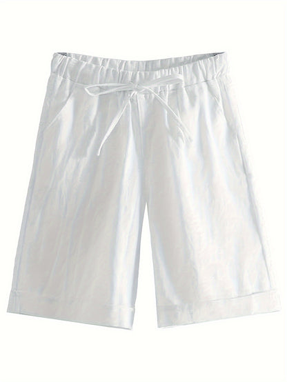 Solid Color Drawstring Comfy Shorts, Casual Rolled Hem Pocket Shorts for Spring & Summer, Women's Clothing