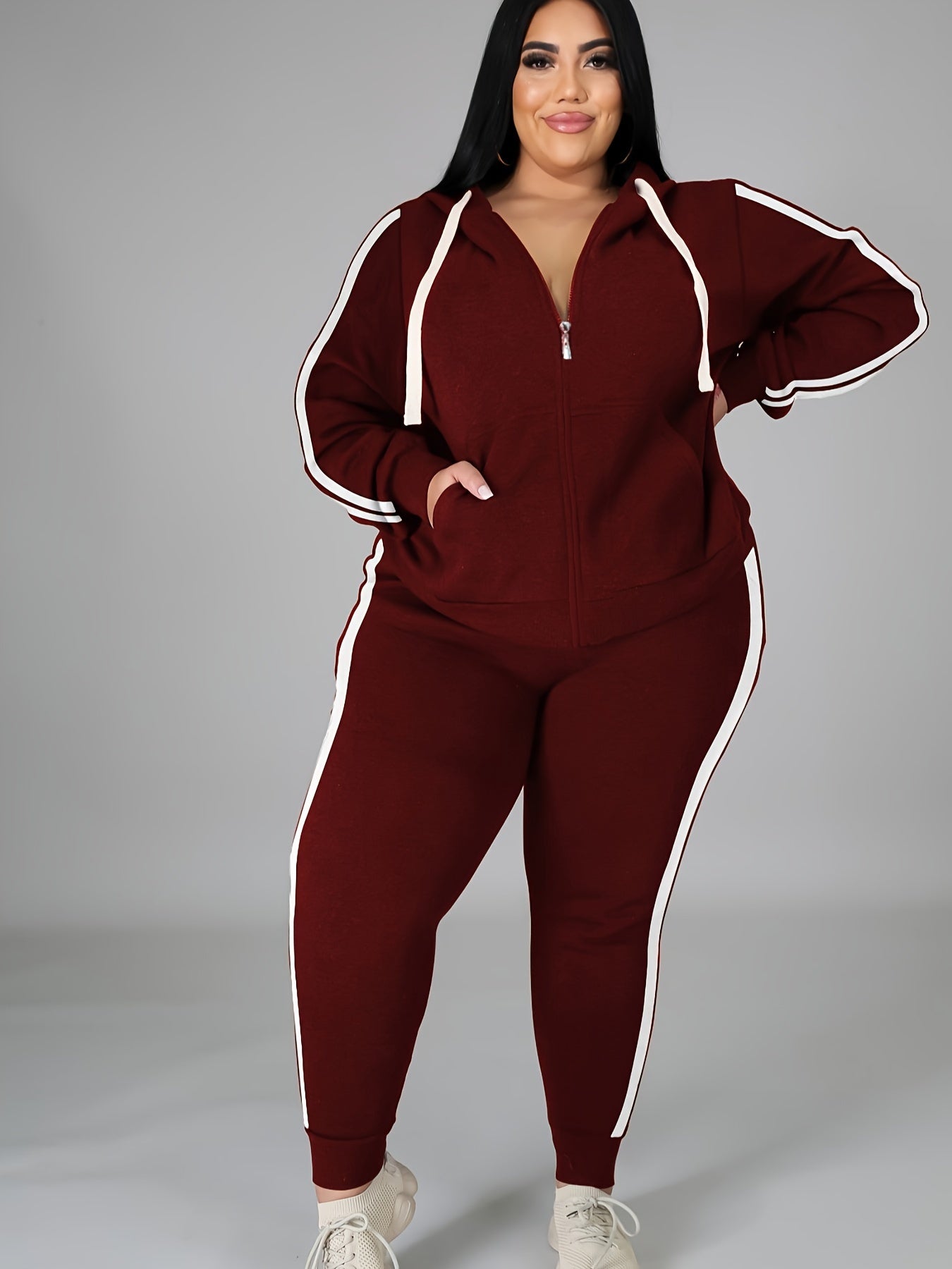 Women's Plus Size Tracksuit Set - Long Sleeve Hooded Loungewear and Sweatsuit Sets with Pockets, Polyester and Elastane