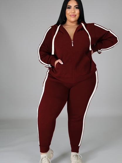 Women's Plus Size Tracksuit Set - Long Sleeve Hooded Loungewear and Sweatsuit Sets with Pockets, Polyester and Elastane