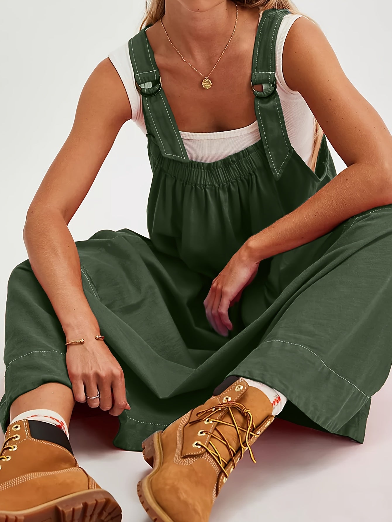 [Loose Midi Dress] Women's Loose Adjustable Strap Midi Overall Dress with Big Pockets in Workwear Style