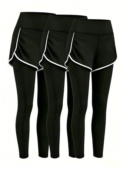 SOMOYA 3pcs Thick High Waist Yoga Pants With Pockets, Tummy Control Workout Running Yoga Leggings For Women Solid Color