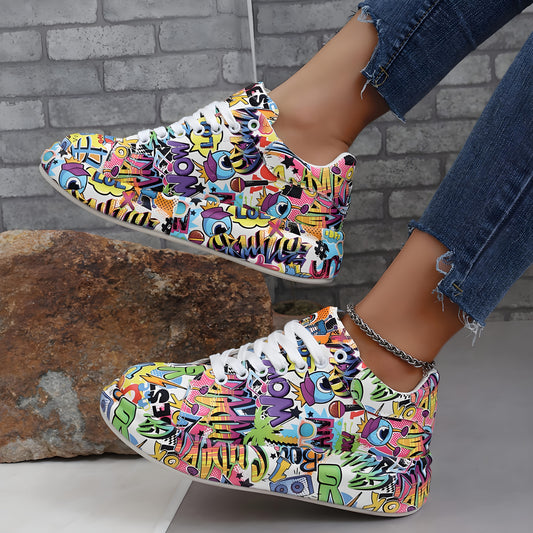 Women's Graffiti Print Sports Shoes, Fashion Lace Up Low Top Platform Sneakers, Casual Skate Shoes, Women Shoes