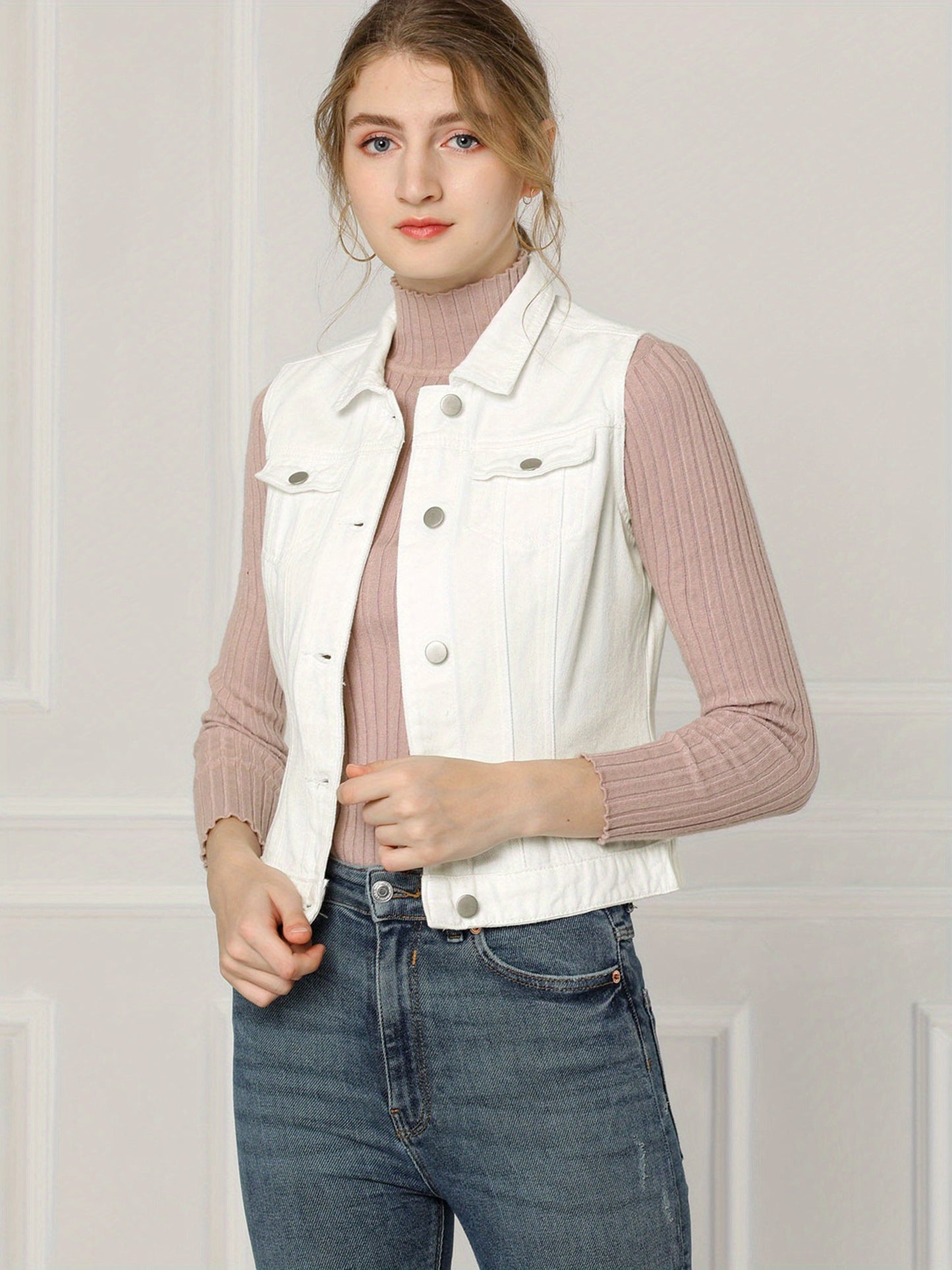Women's Buttoned Washed Denim Vest Jacket W Chest Flap Pockets