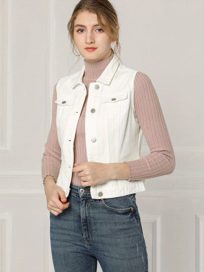 Women's Buttoned Washed Denim Vest Jacket W Chest Flap Pockets