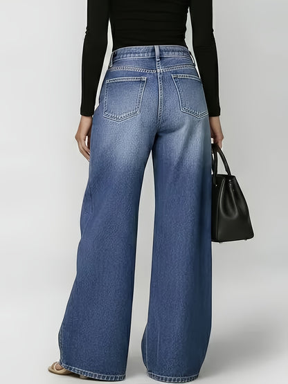 [Retro Denim Jeans] New Retro Style Denim Jeans for Women, With Metal Eyelets Designed for Casual And Loose Fit, High Waisted And Wide Leg Jeans, Street Cool Women's Clothing, Black Retro Blue Light Blue Women's Straight Leg Denim Pants