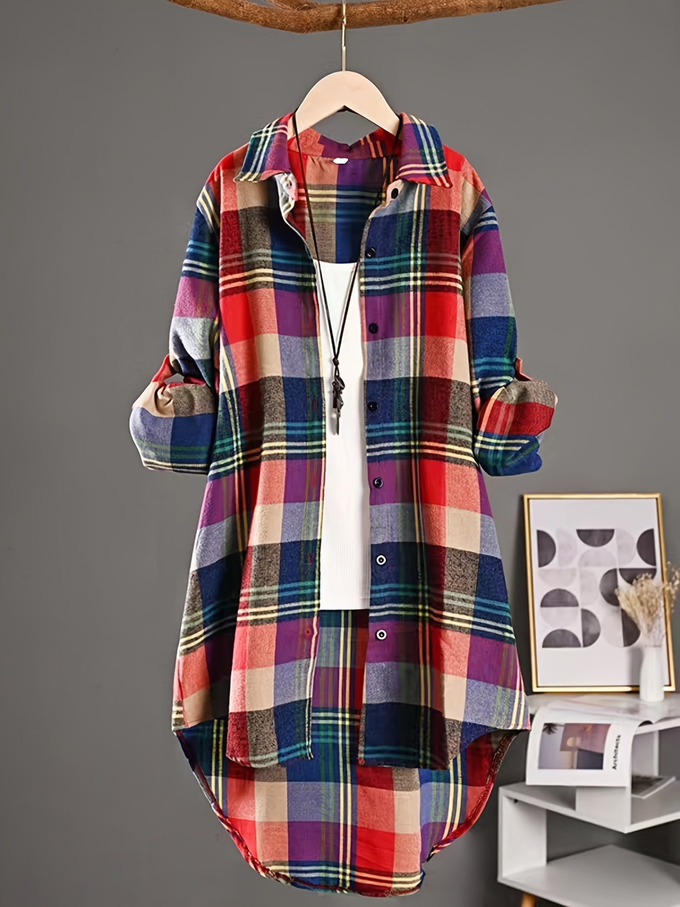 Plus Size, Plus Size Pure Mid-Length Plaid Long Sleeve Shirt for Women, Korean Style Loose Fit Versatile Casual Shirt Cardigan Outerwear, Suitable for Christmas, New Year, Valentine's Day Holiday Outfits, Skin-Friendly Fabric Texture