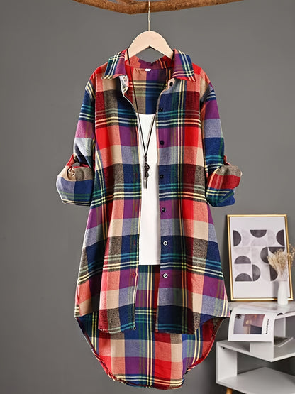 Plus Size, Plus Size Pure Mid-Length Plaid Long Sleeve Shirt for Women, Korean Style Loose Fit Versatile Casual Shirt Cardigan Outerwear, Suitable for Christmas, New Year, Valentine's Day Holiday Outfits, Skin-Friendly Fabric Texture
