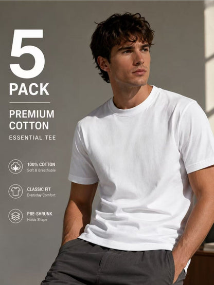 5 Pack Mens Cotton Crew Neck Regular T-Shirts Bulk Short Sleeve Lightweight Tees White Colors