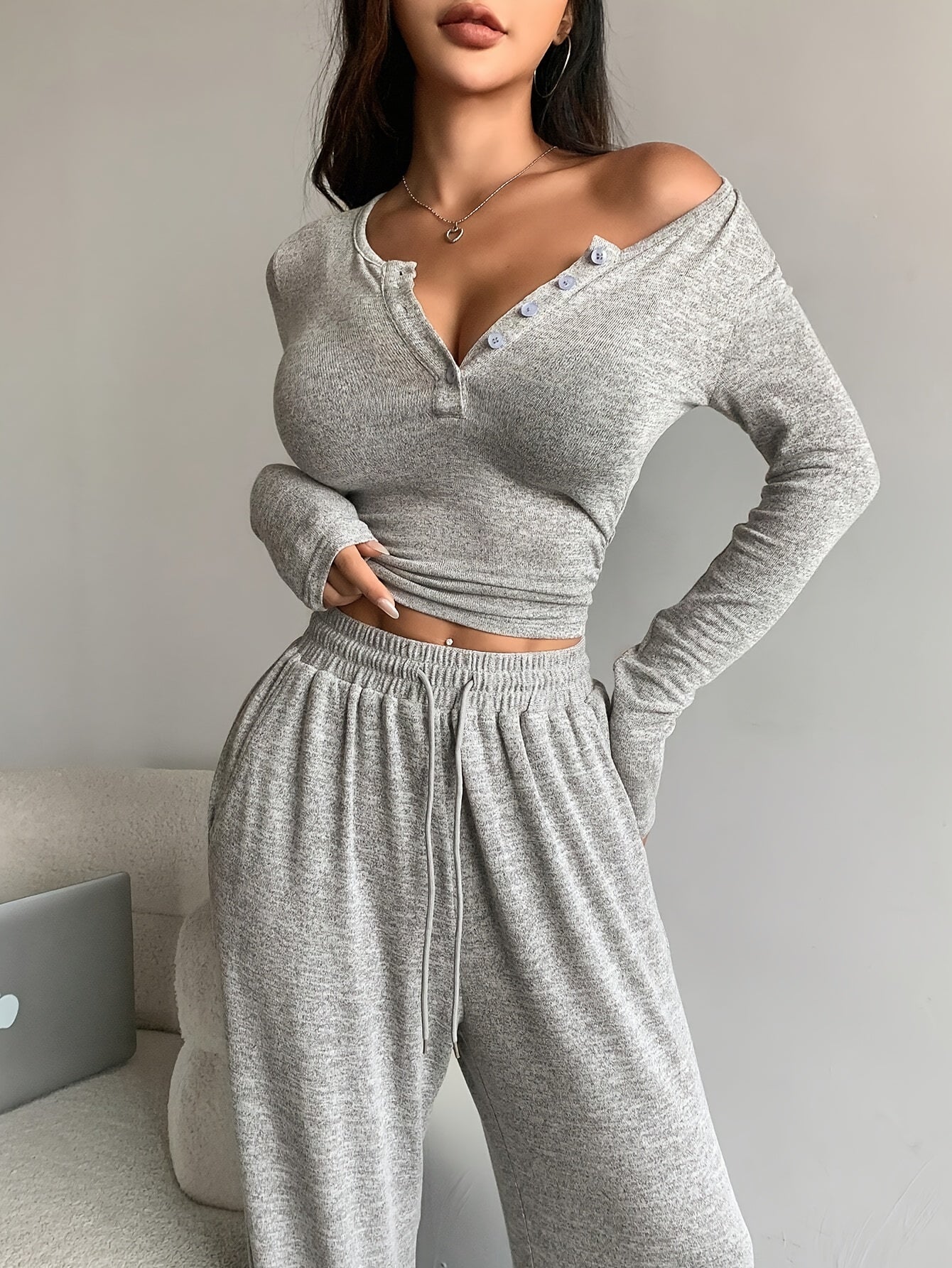 Casual And Comfortable Gray Pajamas And Pants, 2pcs Set of Women'S Spring Autumn Winter Long Sleeve Open Top Pajamas, V-Neck Button-Up Top And Wide Leg Pants Design, Suitable for Home Leisure And Daily Street Scenes