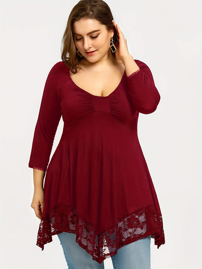 Plus Size - Plus Size - Floral Jacquard Lace Top in Plus Size - Stylish Contrast Edging, Round Neckline, Long Sleeves - Elegant Solid Tops for Curvy Women for Easy Fashion