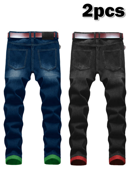2pcs Men's Slim Fit Distressed Ripped Jeans | Classic Stretch Denim Pants, Trendy Casual Versatile Outfits