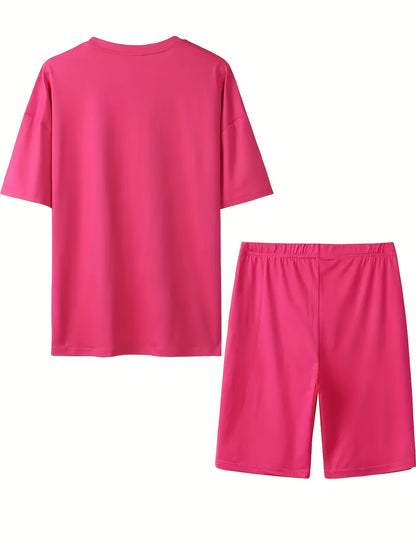 Plus Size - Plus Size - Relaxed Fit Letter Graphic Two-Piece Set, Casual Short-Sleeve Tee And Shorts Outfit, Women'S Trendy Rose Red Ensemble