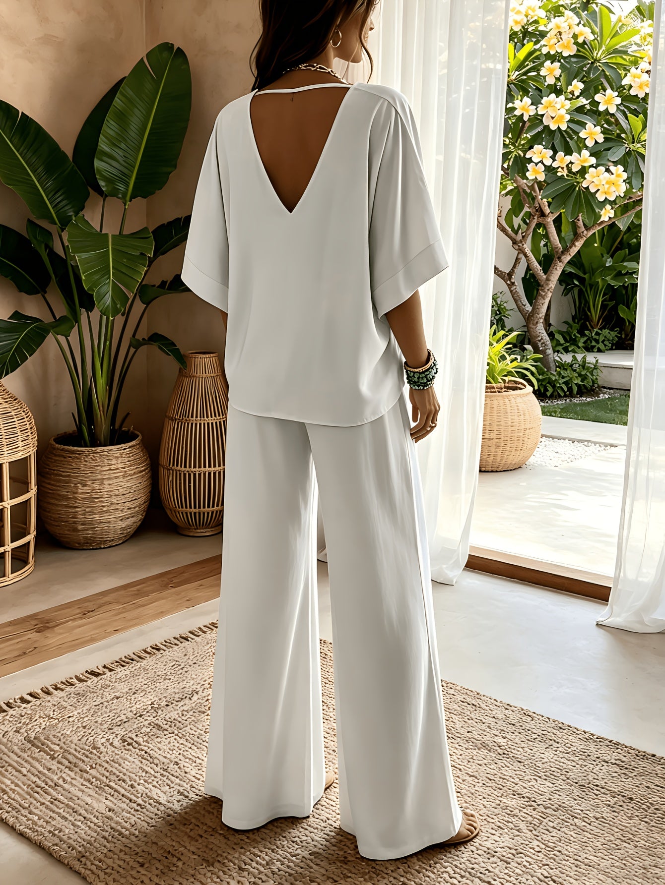 Women'S 2pcs V-Neck Wide Leg Pants Set - Boho Short Sleeve Loose Top & Drawstring Waist Outfit, Summer Beach Loungewear For Vacation, Perfect For Holiday And Daily Wear