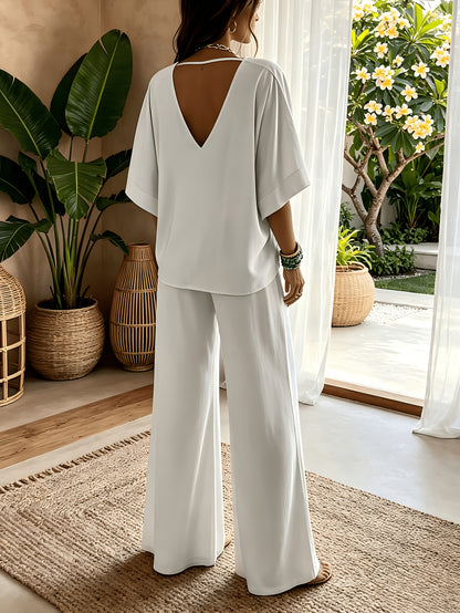 Women'S 2pcs V-Neck Wide Leg Pants Set - Boho Short Sleeve Loose Top & Drawstring Waist Outfit, Summer Beach Loungewear For Vacation, Perfect For Holiday And Daily Wear