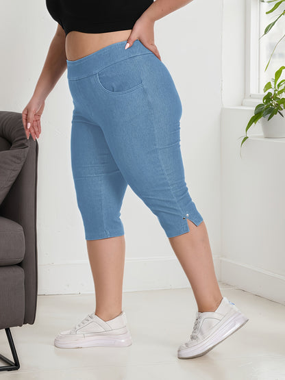 Women's Soft Elastic Waist Pull-On Capri Pants, Lightweight Breathable Trousers for Casual And Rivet Detail On Leg Open And Slit