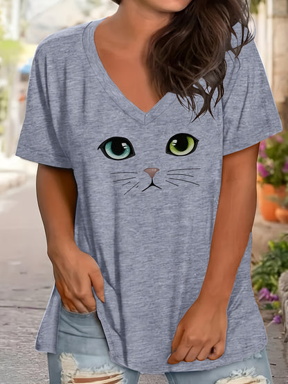 Plus Size - Plus Size - Plus Size Women'S Fashion Cute Cat Expression Print Loose Drop Shoulder Half Sleeve Shirt High Quality Women'S Top Casual V-Neck T-Shirt, Comfortable And Versatile Style for Spring, Summer, And Autumn, Retro Casual