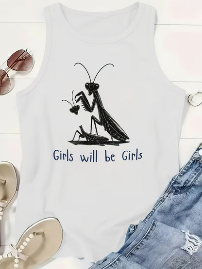Plus Size, 1pc Plus-Size Women's Sleeveless Tank Top with Mantis Print Round Neck Stretchy Shirt - Non-Transparent Casual Casual Attire Suitable for All Seasons, Spring/Summer Layering Piece, Machine Washable Gift for Curvy Women (No)