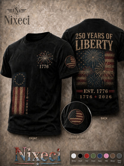 Nixeci Pure T-Shirt Men'S 180G Summer Crewneck Short Sleeve, Patriotic Vintage American Flag Fireworks Double-Sided Multi Print, 4Th of July Independence Day 250 Years of Liberty Casual Loose Fit Tee