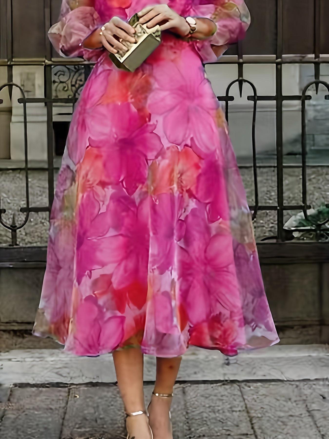 [Wedding Guest Party] Women's Floral Print Chiffon Maxi Dress - Elegant Ombre Gradient Long Sleeve Dress with Back Zipper, Wedding Guest Party Dress, Flowy Sunset Dress