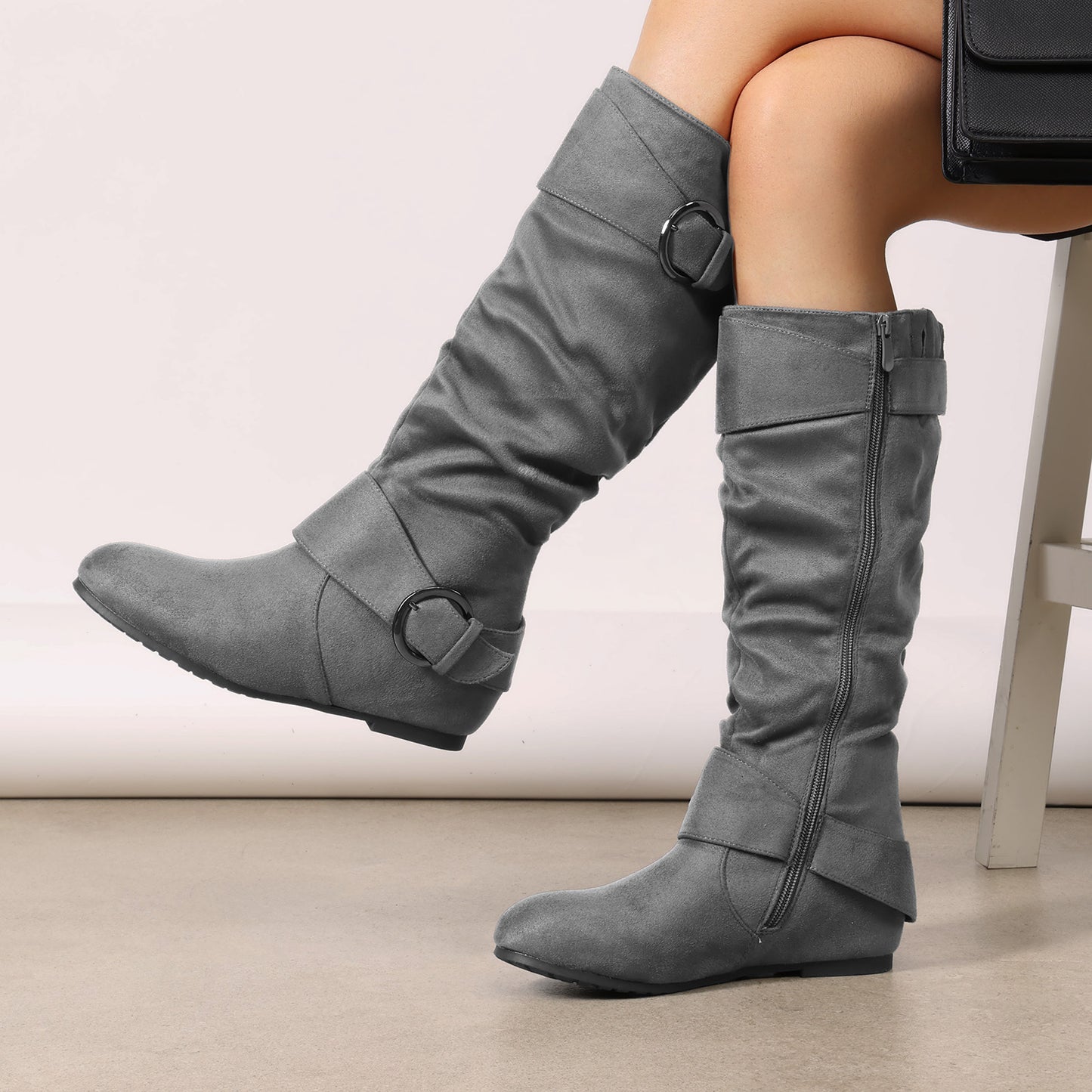 DREAM PAIRS Women's Wide Calf Knee High Boots, Fur-lined Low Hidden Wedge Boots