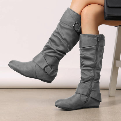 DREAM PAIRS Women's Wide Calf Knee High Boots, Fur-lined Low Hidden Wedge Boots