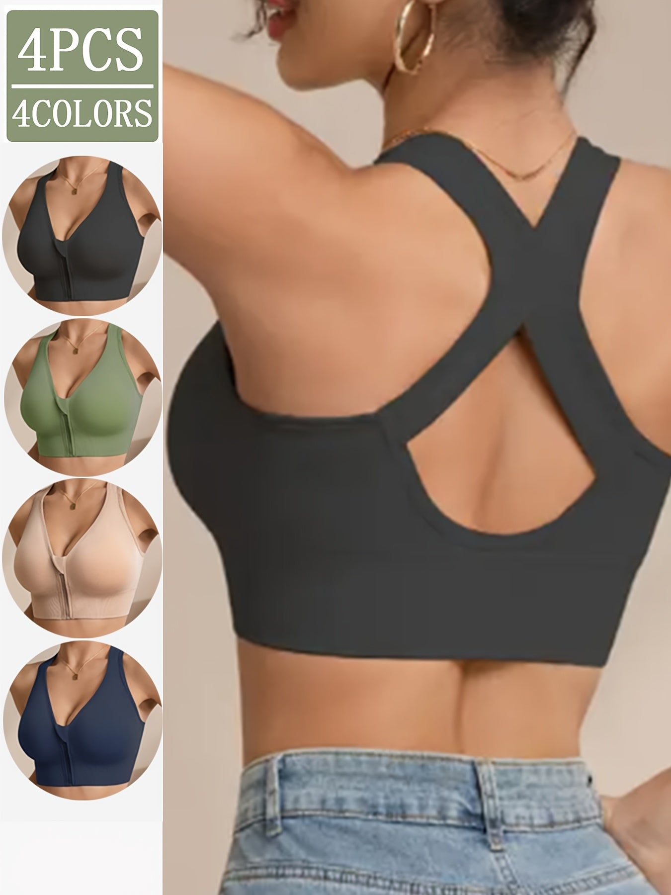 Set of 4 Women'S Wireless Bras Featuring Removable Padding, Front Zipper, X-Shaped Back, And No Underwire. Available in Solid Black, Suitable for Sports, Daily Use, And Versatile Occasions