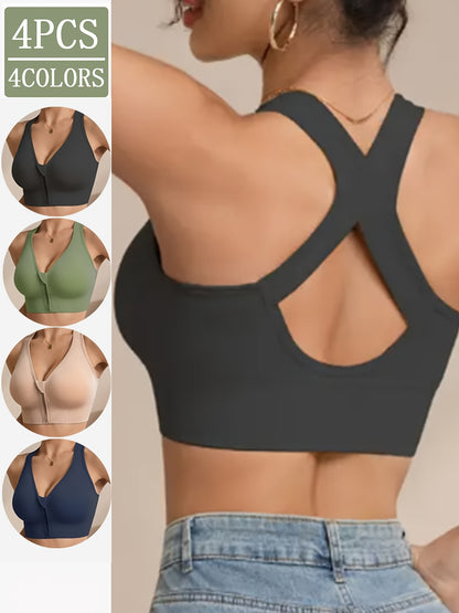 Set of 4 Women'S Wireless Bras Featuring Removable Padding, Front Zipper, X-Shaped Back, And No Underwire. Available in Solid Black, Suitable for Sports, Daily Use, And Versatile Occasions