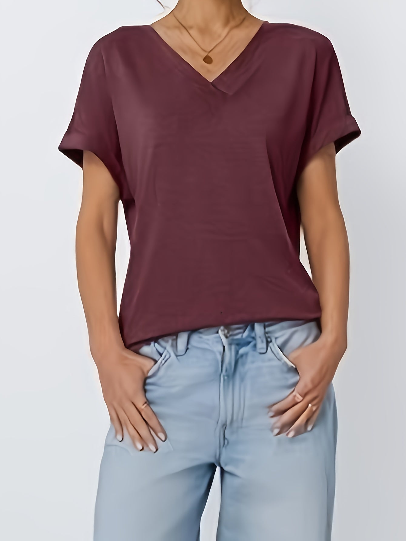 Ladies Top 2025 Europe And The United States Fashion Casual Solid Color No Print V-neck T-shirt for Women