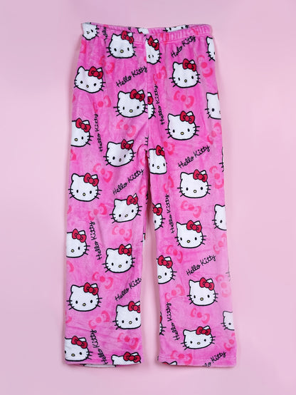 Sanrio KT Cat Pajama Pants for Women - 2pcs Sleepwear Set with Cute KT Cat Face & Full-Length Pants, Cozy Flannel Pajamas for s, - Nightwear ()