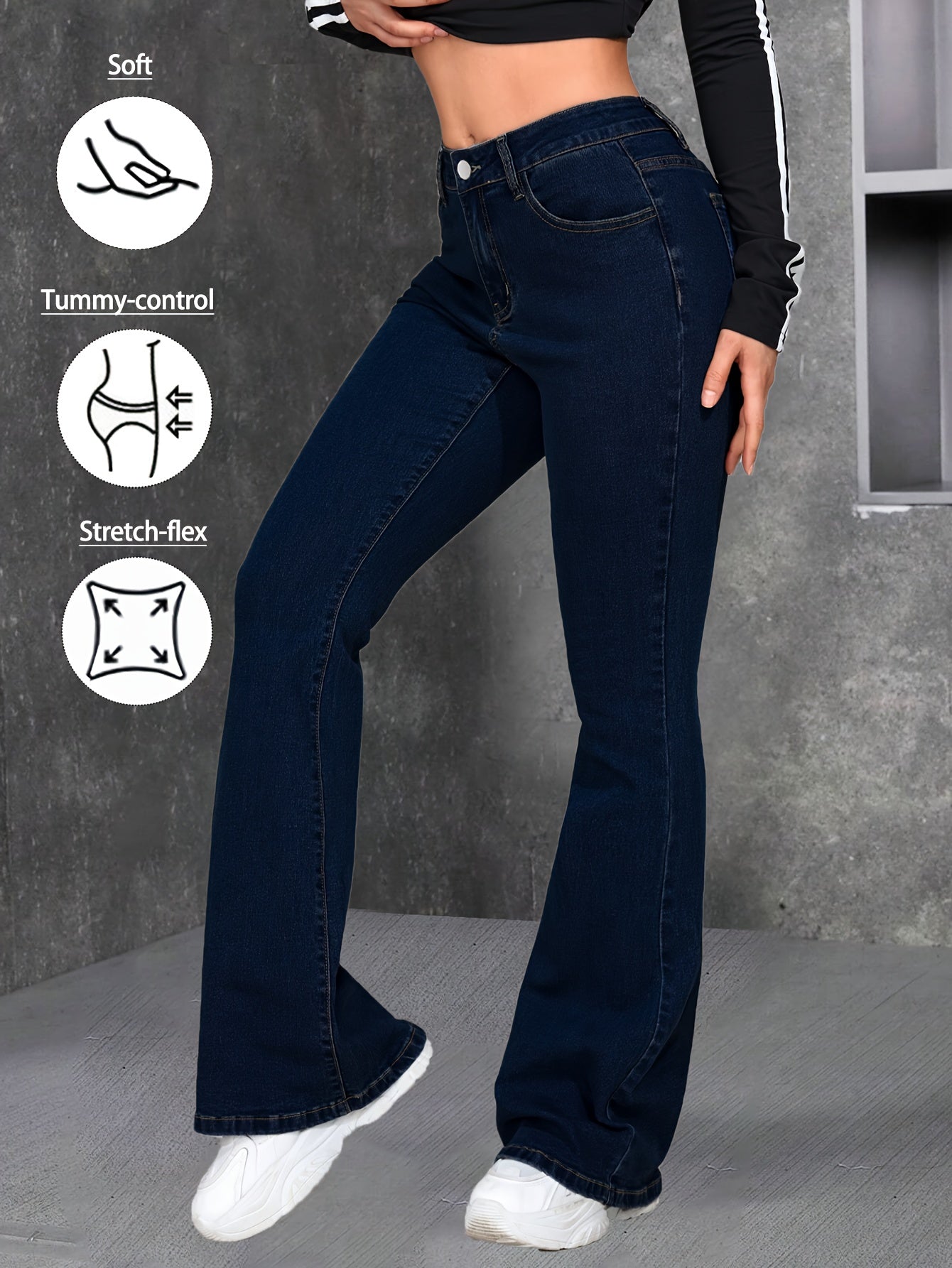 Women Blue Flared Jeans High Rise Stretch Denim Pants Soft Comfortable Fit Slim Silhouette Fashion Forward Trendy Modern Style Versatile Casual Attire Chic Look Durable Quality Easy Matching Figure Flattering Essential Casual Denim Bottoms